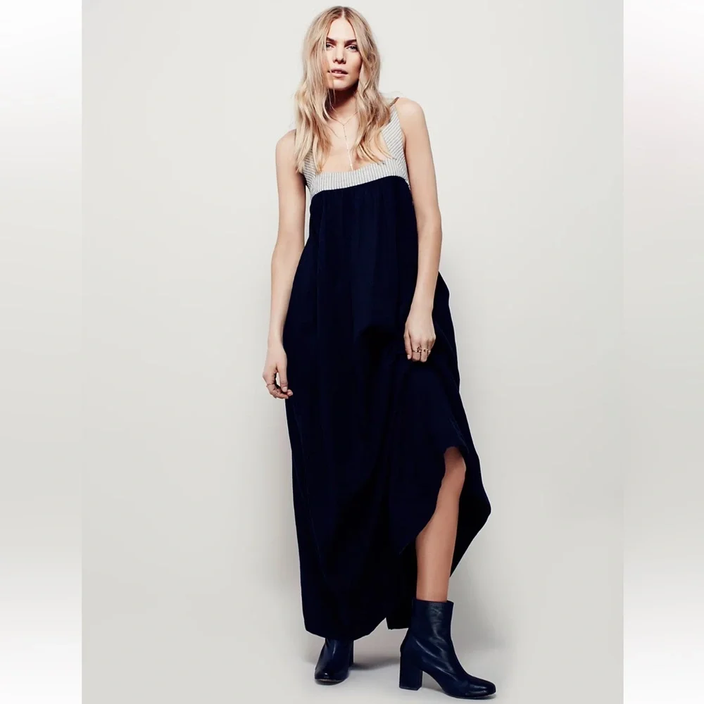 Free People Navy Blue Cotton Linen Striped‎ Bodice Open Back Maxi Dress Small